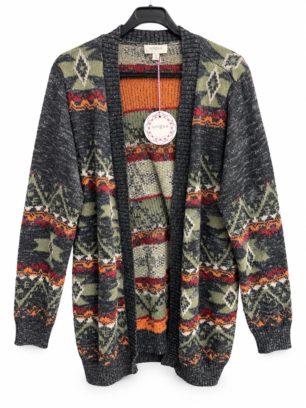 23. NWT Umgee Mossy Green Fall Fair Isle Print Open Cardigan Size Small Medium - Picture 2 of 4